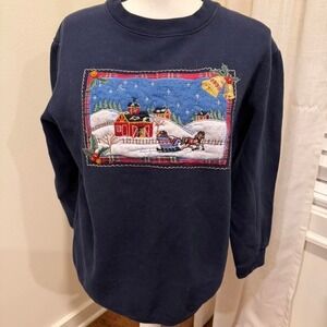Bobbie Brooks Vintage Christmas Sweatshirt Mens Small Navy Blue Sleigh Barn